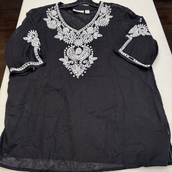 Chico's Sz 1 Women's Black Beaded Linen Blend Pullover Blouse Top Sz 8 - Picture 9 of 11